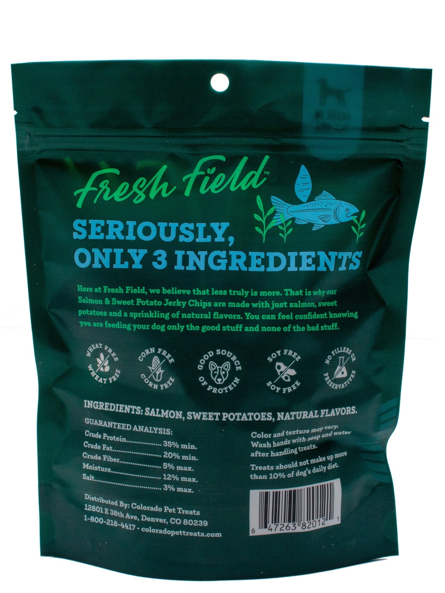 A photo of the back of the best 5 oz Salmon and Sweet Potato  Jerky Chips Dog Treats from Colorado Pet Treats by Fresh Field. Colorado Pet Treats - All-Natural, All-American Dog Jerky, Jerky Chips, and Bones - Treat your furry friend to our delicious and healthy pet treats made with only the finest ingredients sourced in the USA. The best crunchy and savory jerky chips made with all-natural ingredients and baked to perfection.