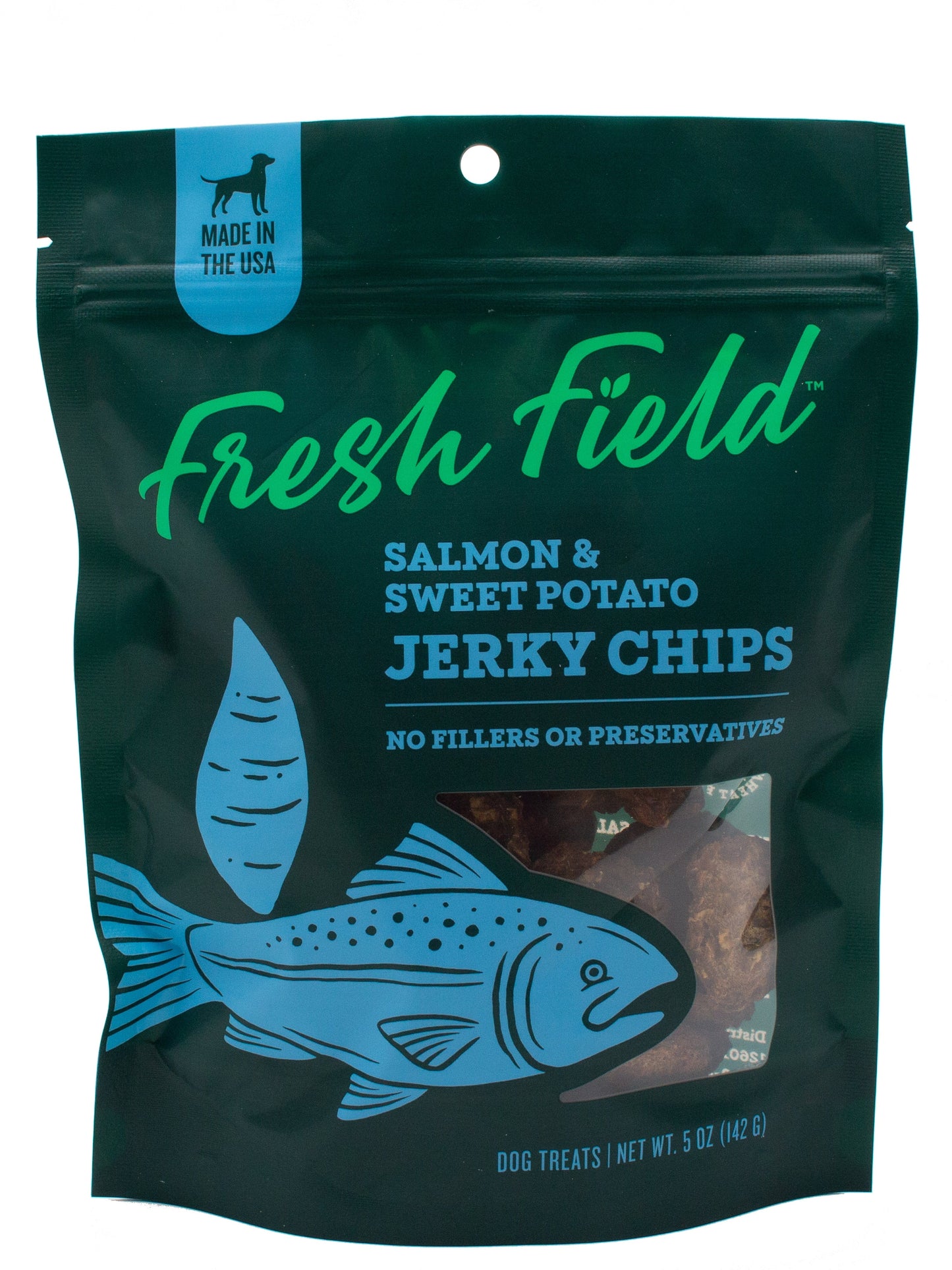 A photo of the front of the best 5 oz Salmon and Sweet Potato  Jerky Chips Dog Treats from Colorado Pet Treats by Fresh Field. Colorado Pet Treats - All-Natural, All-American Dog Jerky, Jerky Chips, and Bones - Treat your furry friend to our delicious and healthy pet treats made with only the finest ingredients sourced in the USA. The best crunchy and savory jerky chips made with all-natural ingredients and baked to perfection.