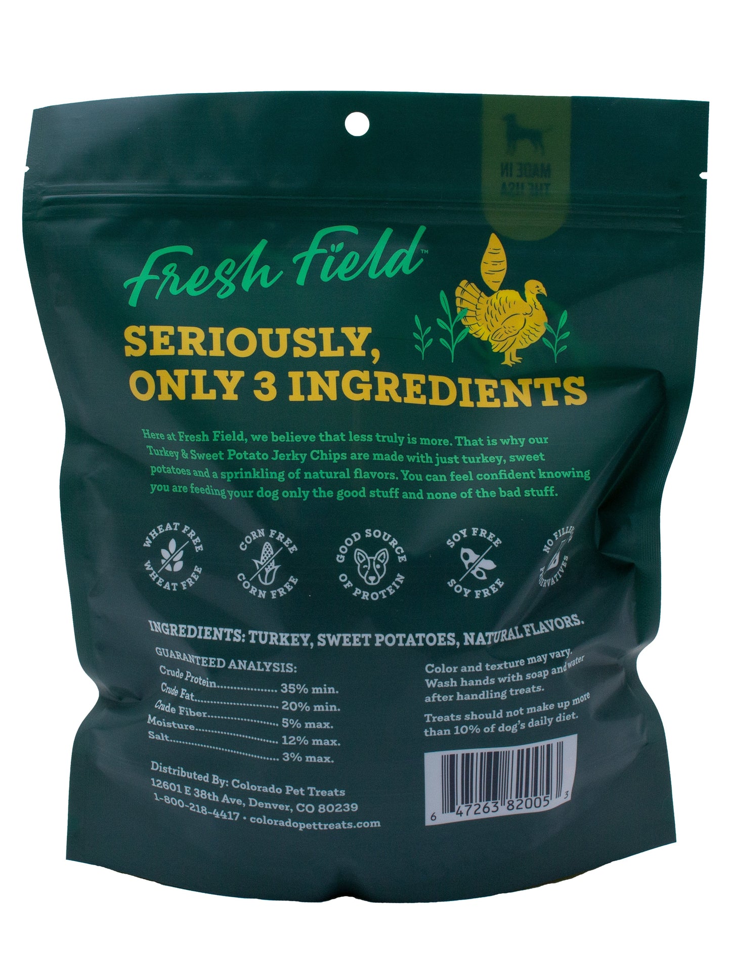 A photo of the back of the best 14 oz Turkey and Sweet Potato Jerky Chips Dog Treats from Colorado Pet Treats by Fresh Field. Colorado Pet Treats - All-Natural, All-American Dog Jerky, Jerky Chips, and Bones - Treat your furry friend to our delicious and healthy pet treats made with only the finest ingredients sourced in the USA. The best crunchy and savory jerky chips made with all-natural ingredients and baked to perfection.