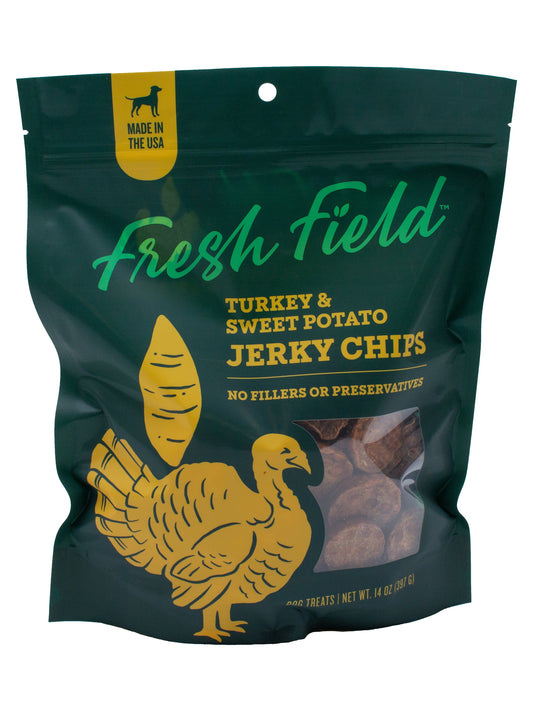 A photo of the front of the best 14 oz Turkey and Sweet Potato Jerky Chips Dog Treats from Colorado Pet Treats by Fresh Field. Colorado Pet Treats - All-Natural, All-American Dog Jerky, Jerky Chips, and Bones - Treat your furry friend to our delicious and healthy pet treats made with only the finest ingredients sourced in the USA. The best crunchy and savory jerky chips made with all-natural ingredients and baked to perfection.