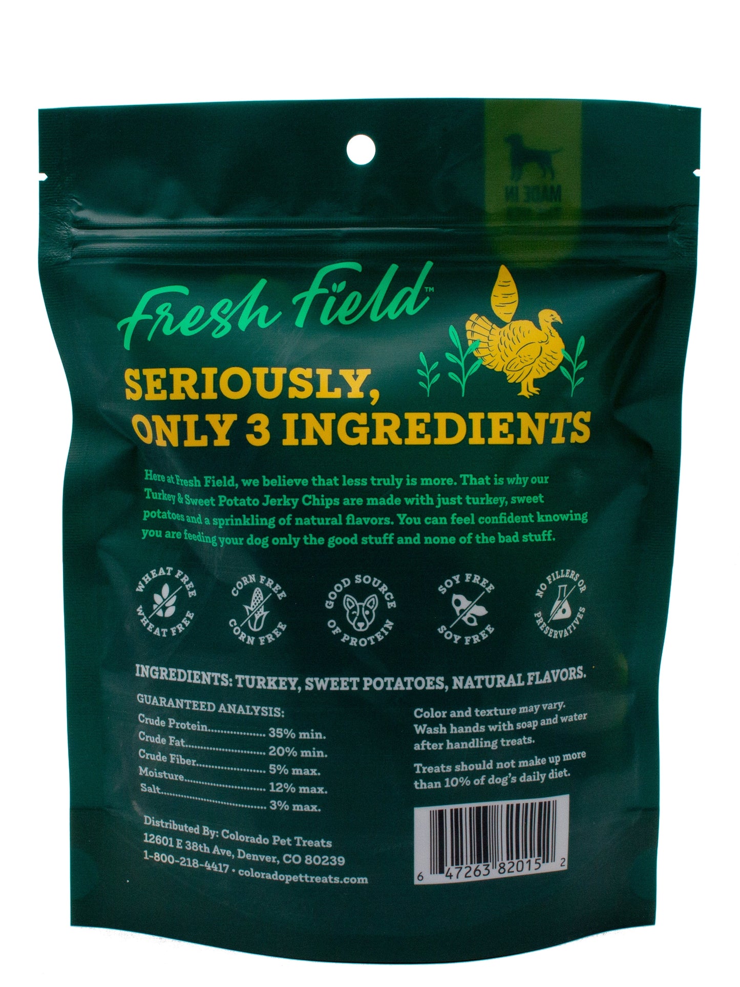 A photo of the back of the best 5 oz Turkey and Sweet Potato Jerky Chips Dog Treats from Colorado Pet Treats by Fresh Field. Colorado Pet Treats - All-Natural, All-American Dog Jerky, Jerky Chips, and Bones - Treat your furry friend to our delicious and healthy pet treats made with only the finest ingredients sourced in the USA. The best crunchy and savory jerky chips made with all-natural ingredients and baked to perfection.